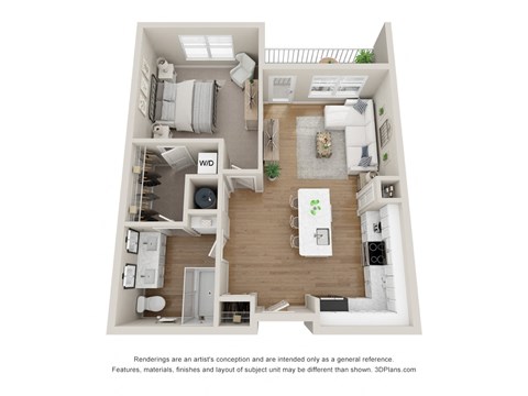 Floor plan for 1 bed, 1 bath, 764 sqft